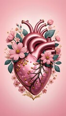 Poster - Surreal Illustration of a Vibrant Pink Heart Surrounded by Blooming Flowers, Perfect for Art, Design, and Wellness Themes