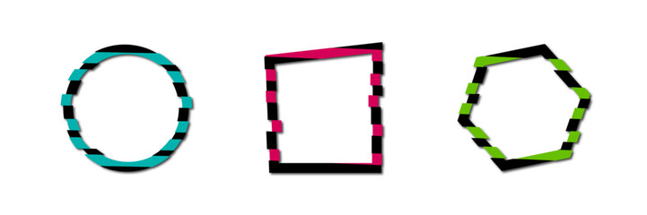 three abstract vector frames of different shapes and colors on a transparent background