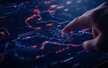 Poster - A hand interacts with a glowing digital map, highlighting paths and data points in a high-tech, futuristic interface.