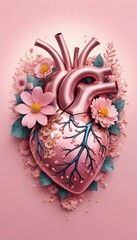 Poster - Surreal Illustration of a Shimmering Pink Heart Adorned with Blooming Flowers for Artistic and Design Applications