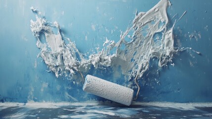 Poster - A paint roller is upside down on a blue wall with white paint splatters