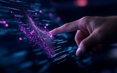 Aufkleber - A close-up of a hand reaching towards abstract, glowing particles, representing interaction with technology and data.