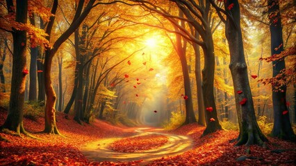 Sticker - A Sunlit Path Through a Canopy of Golden Autumn Leaves, Swirling with Red Leaves in the Breeze