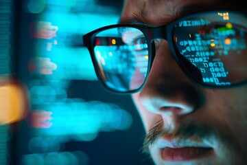 Portrait of Startup Digital Entrepreneur Working on Computer, Line of Code Projected on Face and Reflecting in His Glasses. Neural network ai generated art