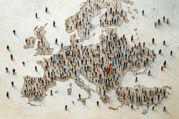 Poster - Map of Europe with diverse people figures, interconnected lines, vibrant colors