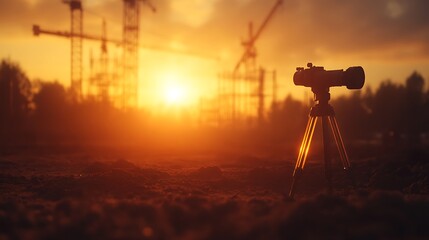 Aufkleber - A camera on a tripod captures a glowing sunset, framed by construction cranes against a vibrant orange sky.