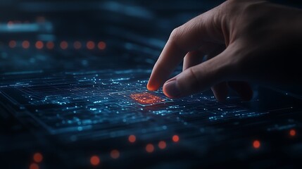 Aufkleber - A hand interacts with a digital interface, highlighting a vibrant red point amidst a futuristic, glowing background of data connections.