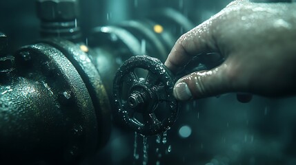 Poster - A hand turns a valve amidst pipes, with water dripping down, conveying an industrial and moody atmosphere.