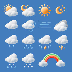Wall Mural - cartoon 3d weather elements. isolated forecast icons with rain, lightning thunderstorm, sun and clou