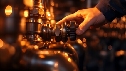 Poster - A hand adjusting a valve on metallic pipes, illuminated by warm light, showcasing industrial mechanics and precision engineering.