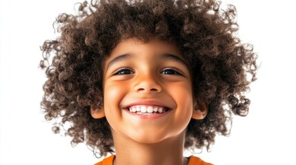 Wall Mural - A young boy with curly brown hair smiles brightly at the camera.