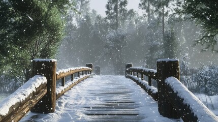 Poster - A wooden bridge covered in fresh snow leads into a wintery forest. The scene is peaceful and serene, with soft light filtering through the trees.
