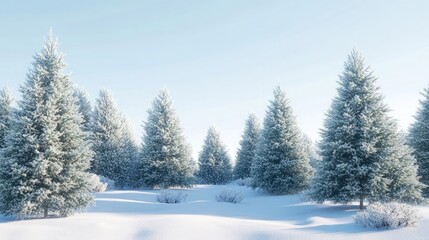 Poster - A serene winter landscape with a stand of snow-covered pine trees under a clear blue sky.