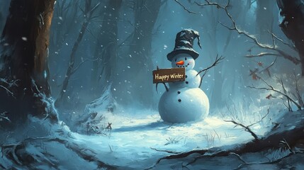 Poster - A cheerful snowman wearing a hat stands in a snowy forest, holding a sign that reads 'Happy Winter.'