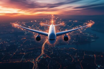 Poster - Airplane flying over city with digital network connections, sunset sky