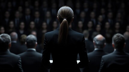 Poster - A woman stands in front of a crowd of people, with her hair in a ponytail