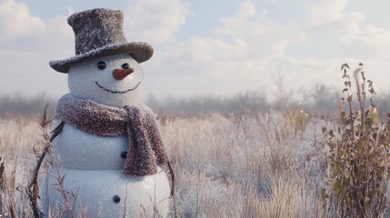 Wall Mural - A cheerful snowman stands tall in a frosty field, wearing a brown scarf and a top hat.