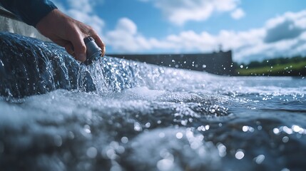 Aufkleber - A hand reaches into flowing water, creating ripples against a backdrop of blue skies and lush greenery.