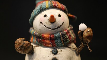 Wall Mural - A cheerful snowman figurine with a carrot nose and a colorful scarf, ready to throw a snowball.