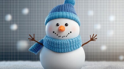 Wall Mural - A cheerful snowman wearing a blue knitted hat and scarf stands in the snow, ready to greet the winter season.