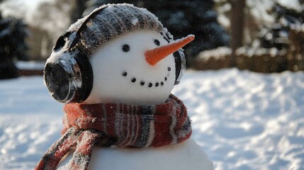 Poster - A snowman wearing headphones and a scarf enjoying the winter weather.