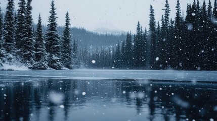 Poster - A frozen lake surrounded by tall pine trees, with fresh snowfall blanketing the landscape.