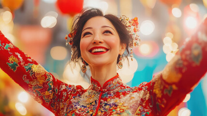 Joyful Asian woman in traditional Chinese dress celebrating festival with colorful decorations