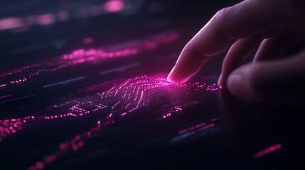 Fototapete - A vibrant hand touching a glowing, pink digital surface, representing interaction with technology and data visualization.