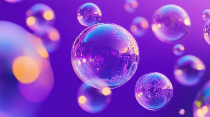 Poster - A mesmerizing array of translucent bubbles floating against a vibrant purple backdrop, creating a dreamy atmosphere.