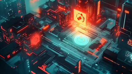 Aufkleber - A futuristic city with red and blue neon lights is shown in this digital illustration. The city appears to be built on a circuit board