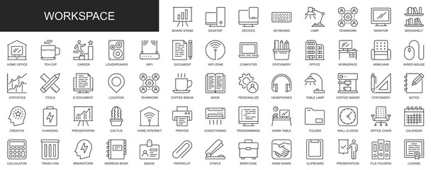 Workspace web icons set in thin line design. Pack of office, workplace, computer, teamwork, statistic, tools, brainstorm, presentation, document, other outline stroke pictograms. Illustration.