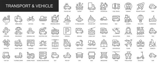 Transport and vehicle web icons set in thin line design. Pack of car, rover, truck, excavator, subway, rocket, taxi, ship, bicycle, tank, yacht, other outline stroke pictograms. Illustration.