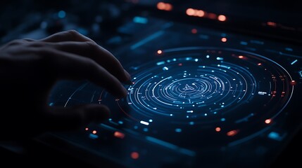 Poster - A hand interacts with a futuristic interface featuring a star map, illuminated by vibrant blue and red lights against a dark background.