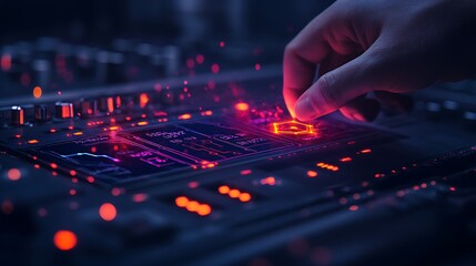 Poster - A close-up of a hand adjusting a colorful electronic circuit board with glowing lights, highlighting technology and innovation.