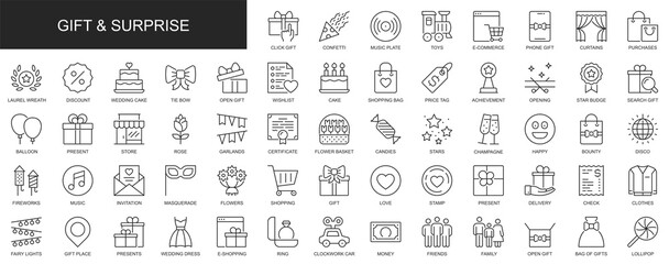Poster - Gift and surprise web icons set in thin line design. Pack of confetti, music, toy, e-commerce, laurel wreath, discount, wishlist, price tag, cake, other outline stroke pictograms. Illustration.