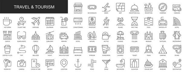 Poster - Travel and tourism web icons set in thin line design. Pack of hotel, compass, flight, passport, hiking, lounge, suitcase, trip, camping, ticket, other outline stroke pictograms. Illustration.