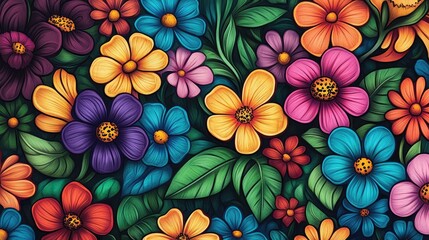 Poster - A vibrant floral pattern with a variety of colorful flowers and leaves. The background is a deep green, which contrasts nicely with the bright flowers.