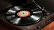 © Espresso - A close-up of a classic vinyl record spinning on a wooden turntable, showcasing its grooves and label.