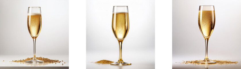 Fototapete - Three champagne flutes filled with sparkling wine sit on a white surface with scattered golden sparkles.