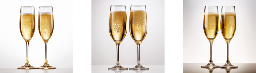 Poster - Three sets of champagne flutes, each with two glasses,  are arranged side by side.