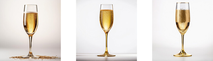 Poster - Three champagne flutes with golden liquid in them. One is spilled on the surface.