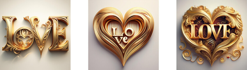 Poster - Three gold-toned designs, each depicting the word LOVE, are set against a white background.