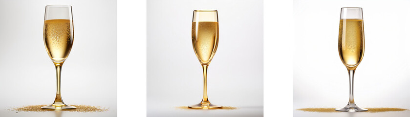 Poster - Three champagne flutes filled with golden liquid, sitting on a white surface.