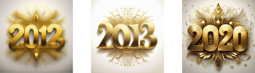 Poster - Three gold numbers, 2012, 2013, and 2020, are centered in frames. The numbers have a shiny, 3D effect. The background is white with a design surrounding each number.