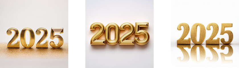 Poster - Three images of the year 2025 in gold, one in each image has a subtle difference in perspective and shadow.