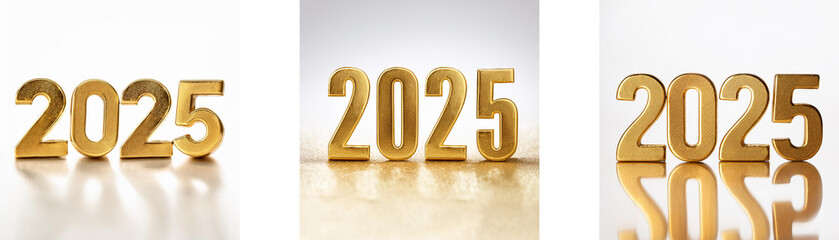 Poster - Three gold 2025s on white background with reflections.