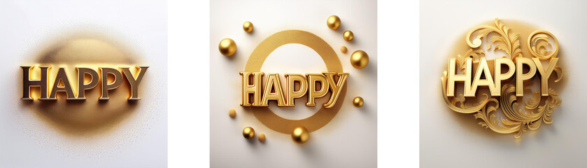 Poster - Three gold 'Happy' words in different styles on white backgrounds