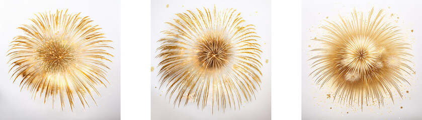 Poster - Three circular bursts of golden light on a white background.