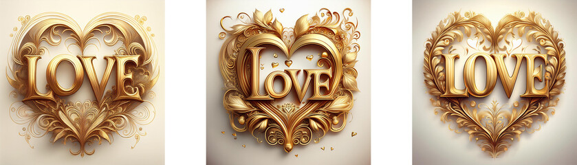 Poster - Three golden hearts with the word love inside.