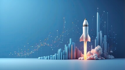  On a blue background of technology, an abstract growth graph chart including a rocket launch is displayed. business concept for a startup and success. Boost is a futuristic light blue